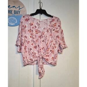 Eyeshadow Pink Floral Tie Front V-Neck Ruffle Sleeve Rayon Blouse M